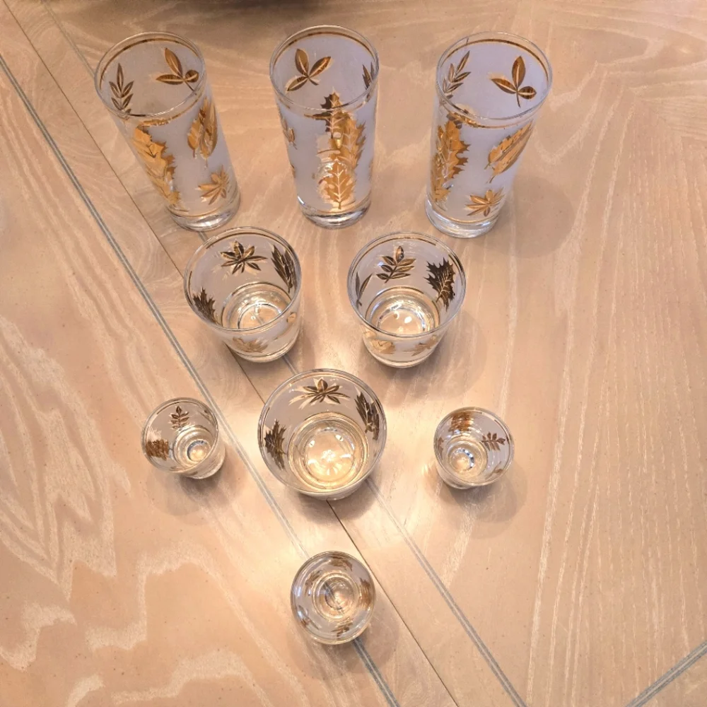 Vintage Gold Leaf 3-3-3 Bar Glasses Set, 3 Tumbler, 3 Highball, 3 Shot Glasses